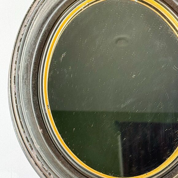 Antique Round Beveled Wall Mirror with Wooden Frame & Gilt Detail – 12” - Picture 3 of 8